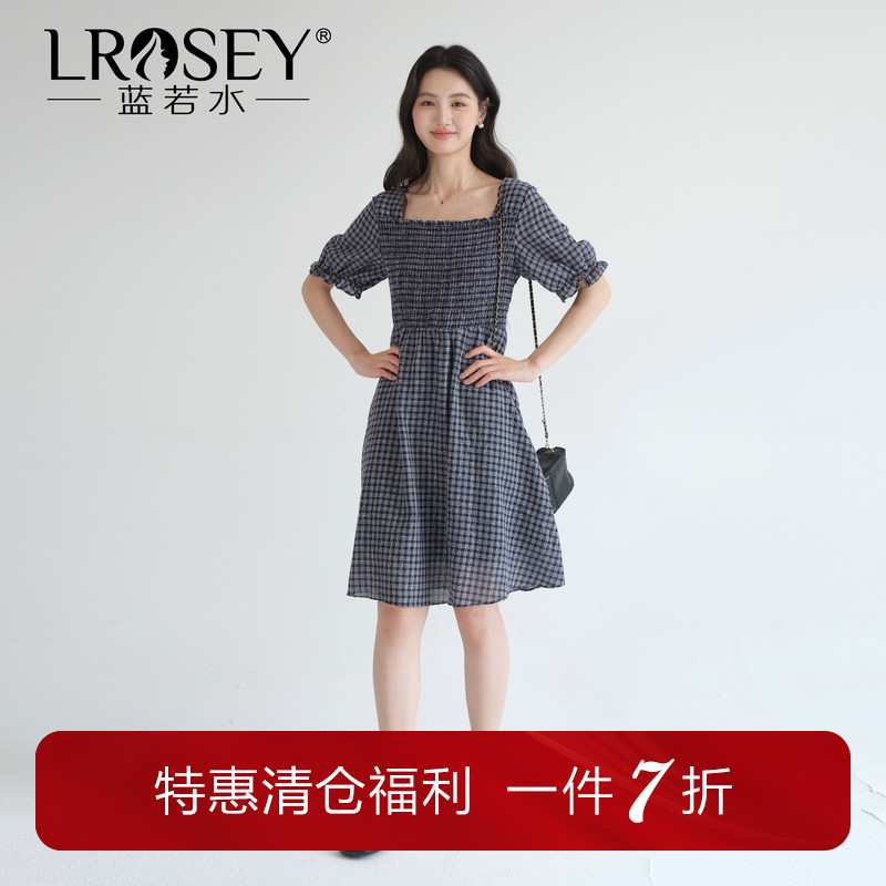 蓝若水连衣裙气质显瘦格纹中裙