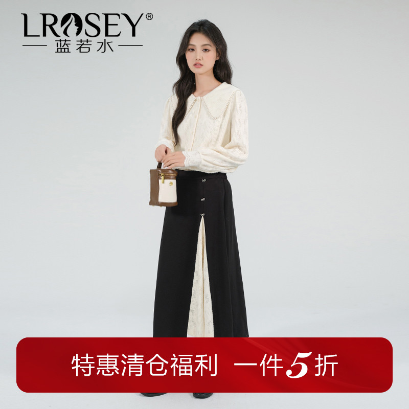 蓝若水大码女装蕾丝拼接高腰显瘦半身裙秋季新款胖mm复古A字中裙