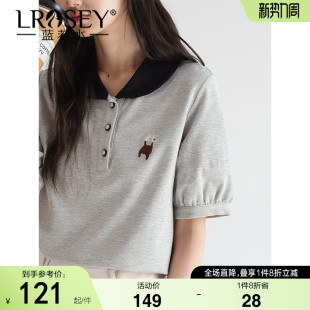 泡泡袖 蓝若水大码 胖mm2026夏装 珠地棉撞色翻领Polo衫 刺绣上衣 女装