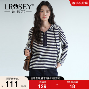 【半拉链连帽条纹t恤】蓝若水大码2026春装新款设计感宽松打底衫