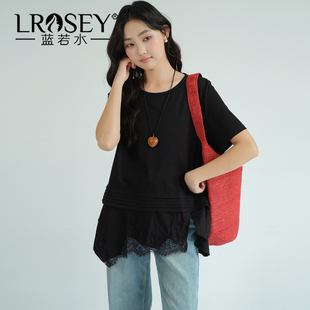 新款 2026夏装 不规则蕾丝拼接T恤胖MM复古遮肉上衣 女装 蓝若水大码