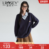 女装 胖mm假两件条纹翻领学院风卫衣春季 新款 蓝若水大码 宽松针织衫