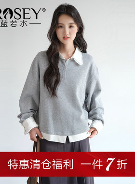 蓝若水大码女装假两件花边翻领卫衣胖MM春新款休闲宽松设计感上衣