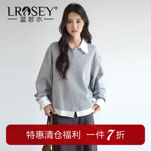 蓝若水大码女装假两件花边翻领卫衣胖MM春新款休闲宽松设计感上衣