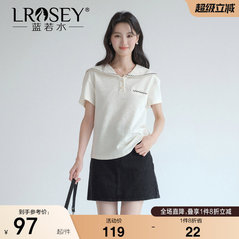 蓝若水大码女装刺绣海军领珠地棉T恤2026夏新款别致减龄正肩上衣