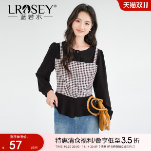新款 蓝若水大码 胖mm秋季 拼接假两件格子衬衫 设计感别致上衣 女装