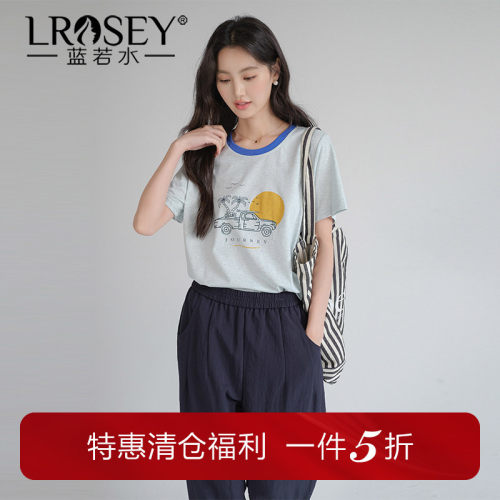 蓝若水拼色圆领印花T恤休闲显瘦
