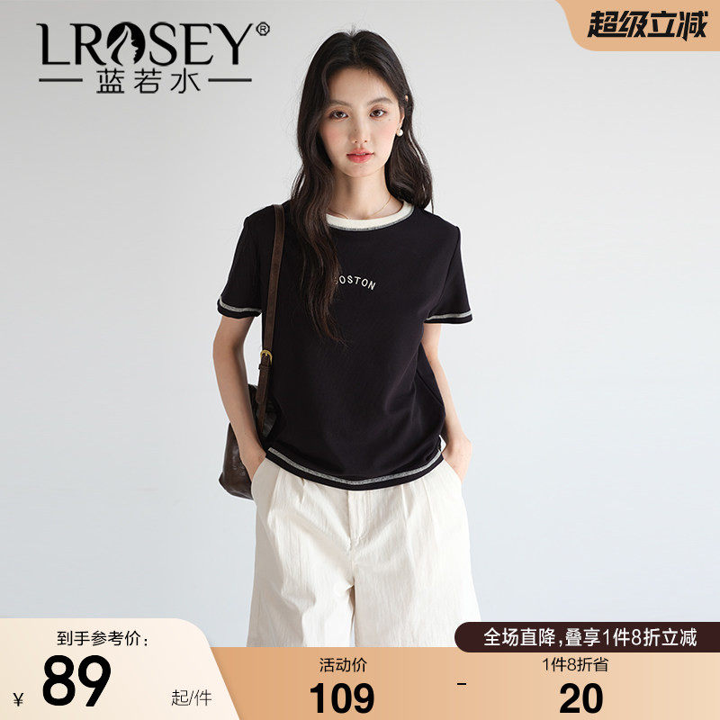 蓝若水大码女装字母刺绣明线短袖T恤2026夏装新款微胖MM复古上衣