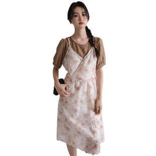 蓝若水大码女装洋气假两件碎花吊带裙胖mm夏装减龄淑女连衣裙