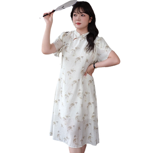 蓝若水大码女装新中式国风改良旗袍裙胖MM夏装高级质感印花连衣裙