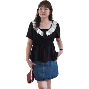 蓝若水大码女装法式荷叶边方领上衣胖MM夏装气质收腰显瘦褶皱衬衫