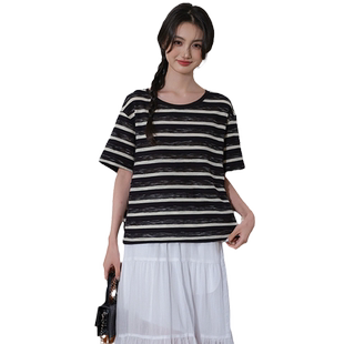 蓝若水大码女装复古撞色条纹T恤夏季新品胖mm蝴蝶结设计宽松上衣