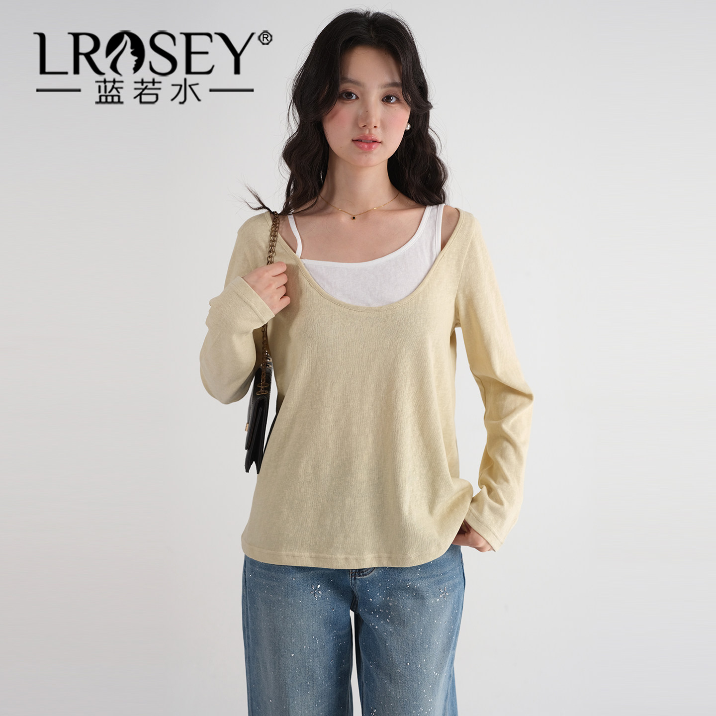 【春装上新 喜欢请加购】蓝若水大码女装露肩假两件气质内搭T恤YL,女装/女士精品,大码内搭,淘宝优惠券,粉丝福利购,淘宝优惠卷