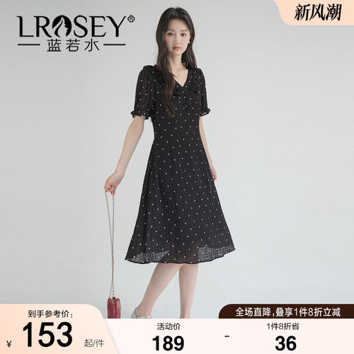 蓝若水修身显瘦减龄波点连衣裙