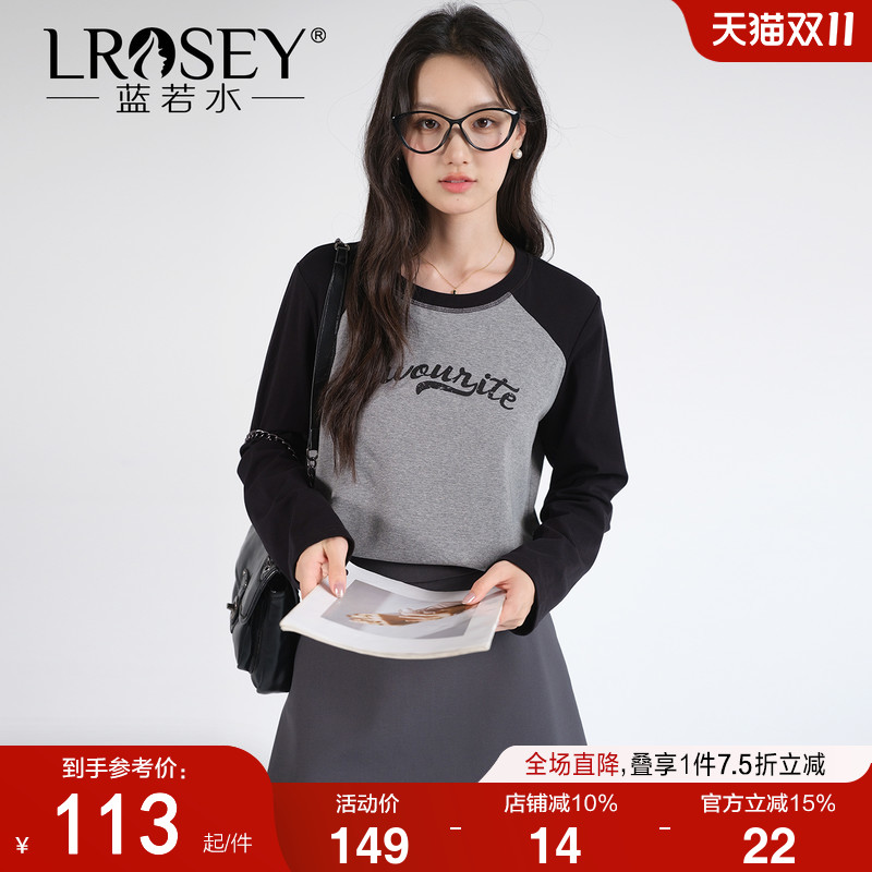 蓝若水美式复古插肩袖T恤上衣