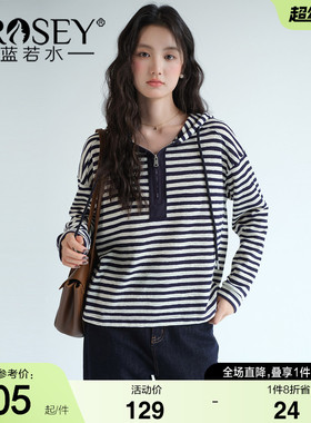 【半拉链连帽条纹t恤】蓝若水大码2026春装新款设计感宽松打底衫