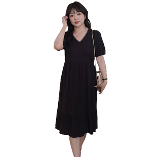 蓝若水大码女装条纹肌理V领赫本长裙胖mm夏季新品收腰显瘦连衣裙