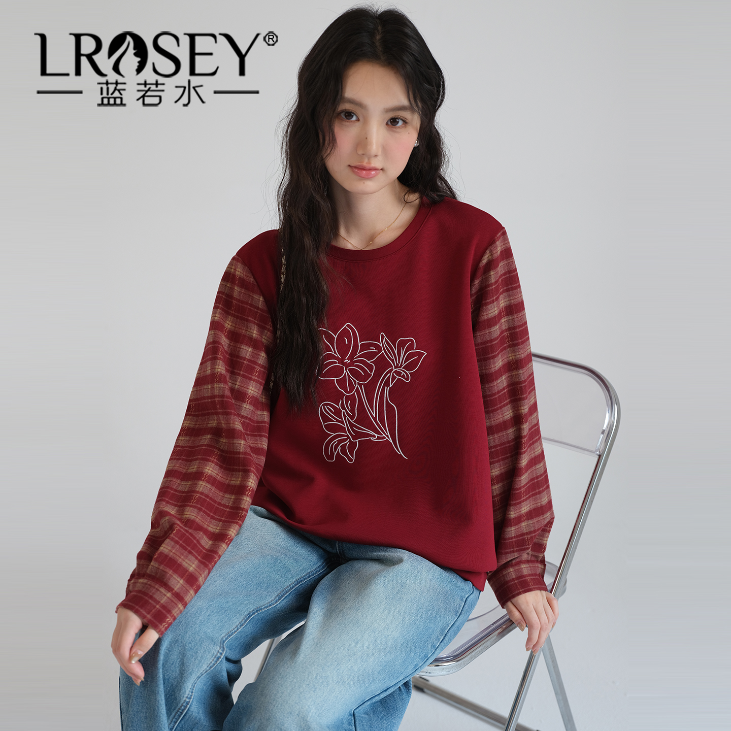 蓝若水设计感拼接宽松显瘦上衣