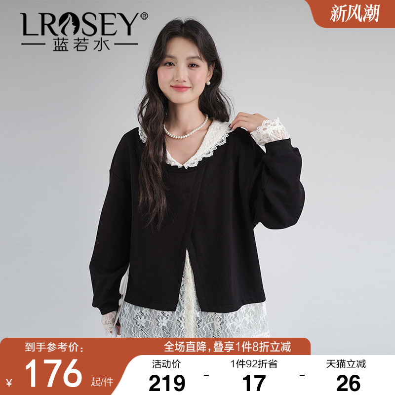 蓝若水蕾丝拼接卫衣假两件上衣