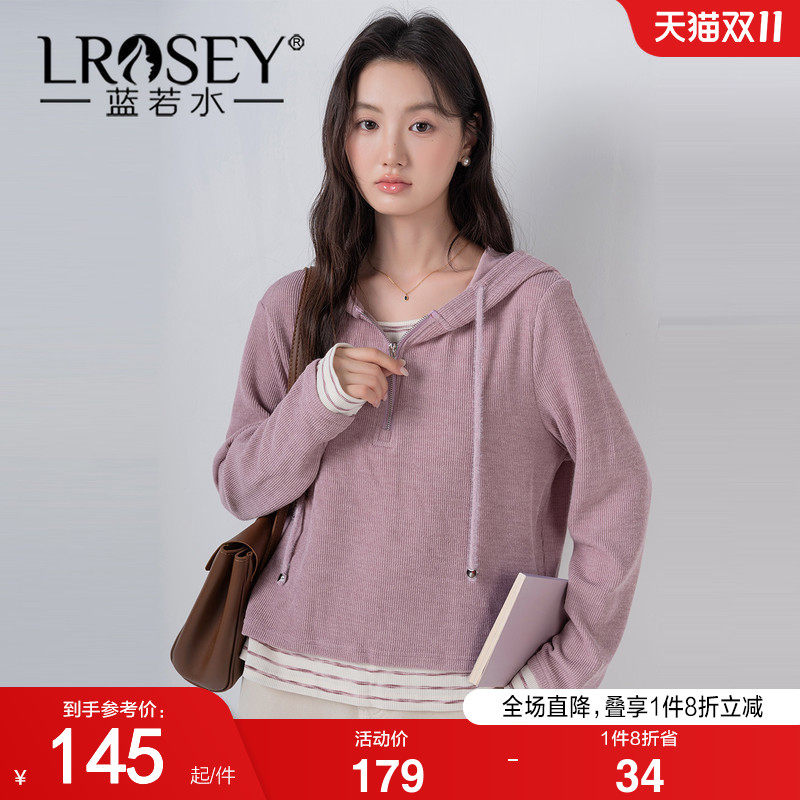 假两件连帽针织衫蓝若水大码女装2026秋冬新款胖MM半拉链拼接卫衣