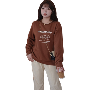 蓝若水大码女装宽松印花加绒卫衣胖MM春季新款巨显瘦休闲遮肚上衣