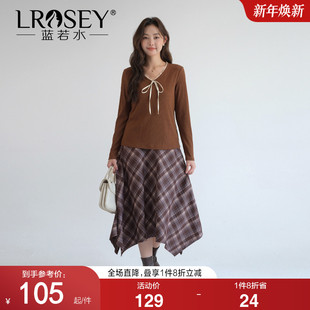 新款 蓝若水大码 胖MM2026春装 系带V领针织衫 遮肚显瘦内搭上衣 女装