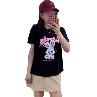 蓝若水大码女装减龄卡通印花上衣胖MM夏装休闲宽松显瘦短袖t恤