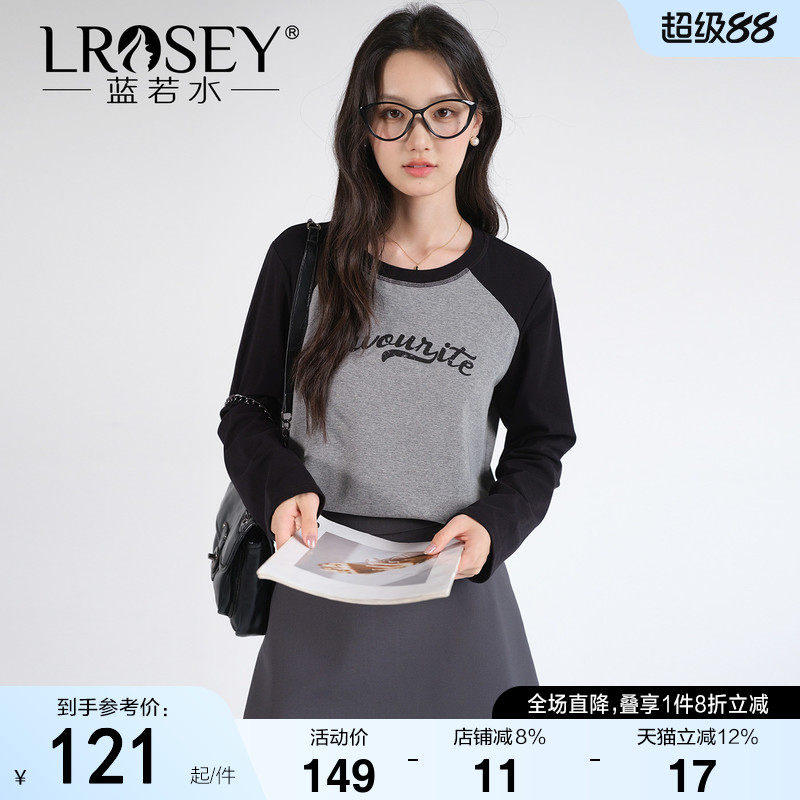 蓝若水大码女装2025秋季新款插肩袖印花希尔棉T恤微胖MM美式上衣