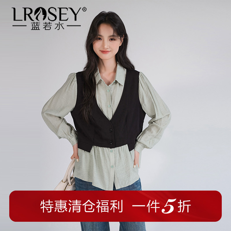 蓝若水新款大码秋装假两件马甲叠穿衬衫胖MM韩系别致显瘦洋气上衣