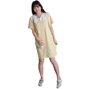 蓝若水大码女装蕾丝翻领中裙胖mm夏装学院风遮肚子显瘦炸街连衣裙