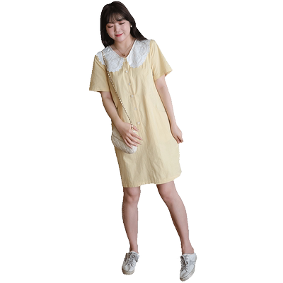 蓝若水连衣裙学院风直筒裙蕾丝领