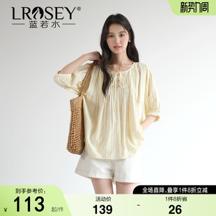 日系压褶竖条纹衬衫 宽松文艺半袖 蓝若水大码 新款 衬衣 2026春装