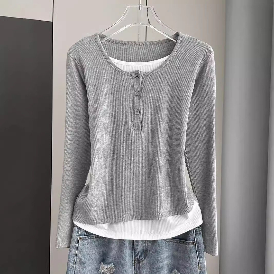 假两件长袖t恤女2026年新款早春季薄款内搭打底衫宽松外穿上衣女