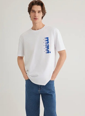 土耳其mavi男士白色纯棉短袖T恤宽松男装帅气