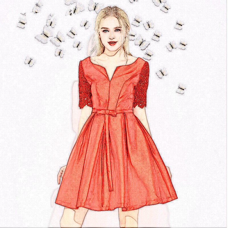 2016夏季流行女装中袖蕾丝拼接红色连衣裙蝴蝶结气质收腰蓬蓬裙