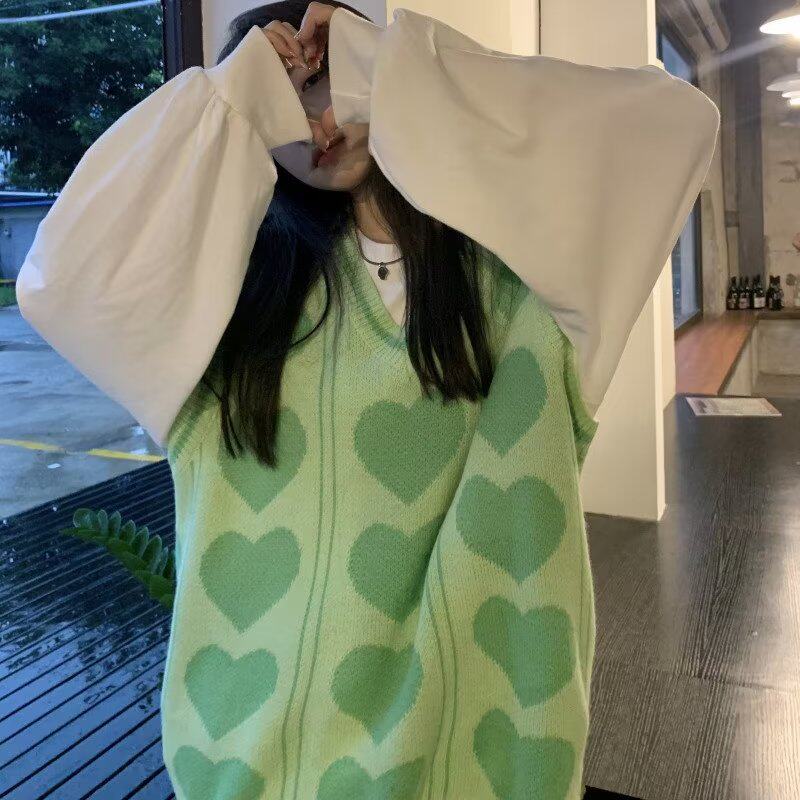 日系女针织衫时尚慵懒毛衣无袖简约V领文艺街头套头外搭潮流马甲
