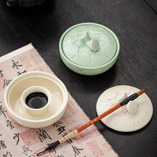 陶瓷莲花火锅砚台带盖墨盒不干墨池初学毛笔书法专用墨水保湿笔洗