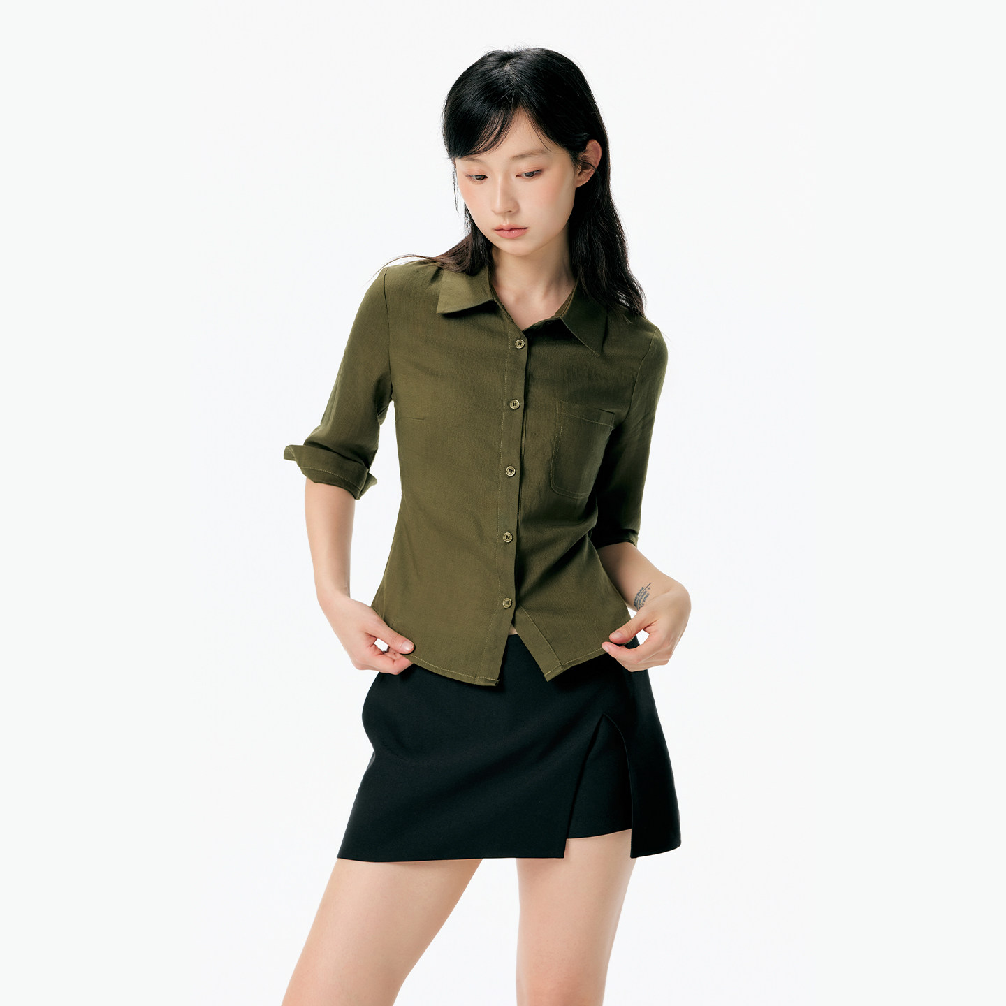 KSXN夏季橄榄绿中袖衬衫图片