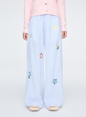 【Endweep官方店】趣味小花刺绣格子直筒裤女宽松阔腿百搭休闲裤