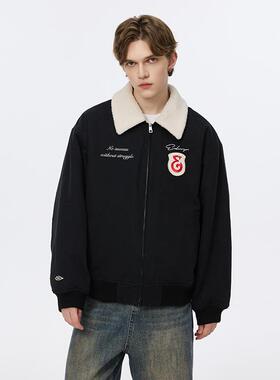 Endweep 仿羊羔绒内里翻领夹克男女秋季复古美式国潮情侣外套上衣