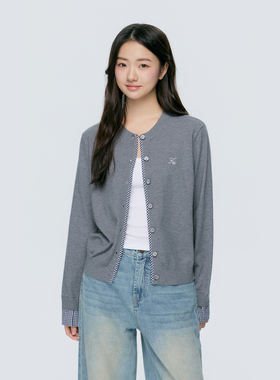 KSXN 格纹拼接针织开衫春秋季韩系设计感修身显瘦短款百搭外套女