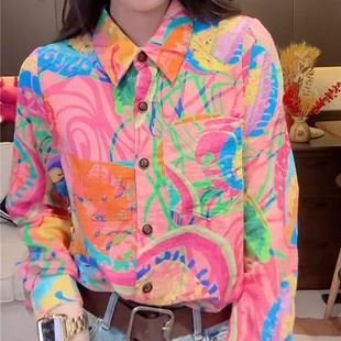 休闲上衣 欧货花衬衫 女2024春季 新款 百搭POLO领单排扣直筒宽松长袖