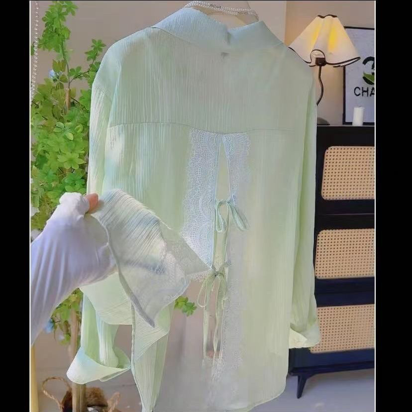 设计夏季后背开叉2025新款长袖防晒衬衫宽松系带衬衣薄款上衣
