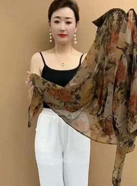 防晒衣女外穿夏季新款时尚高档淑女风花色衬衫女显瘦遮肚衬衣开衫