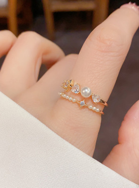 日韩时尚简约设计感镶钻珍珠双层开口戒个性轻奢百搭食指戒配饰品