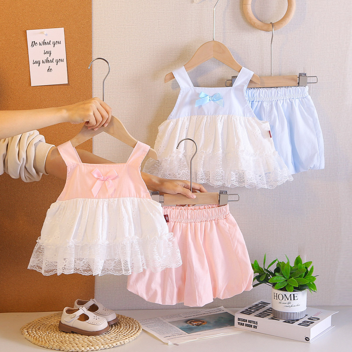 女童套装洋气吊带蕾丝裙2026小童女宝无袖上衣短裤时髦两件套夏装