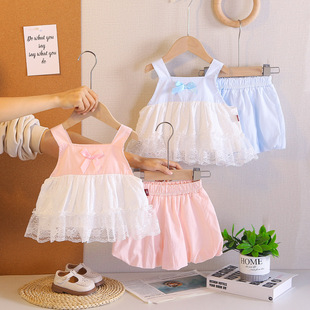 女童套装洋气吊带蕾丝裙2026小童女宝无袖上衣短裤时髦两件套夏装
