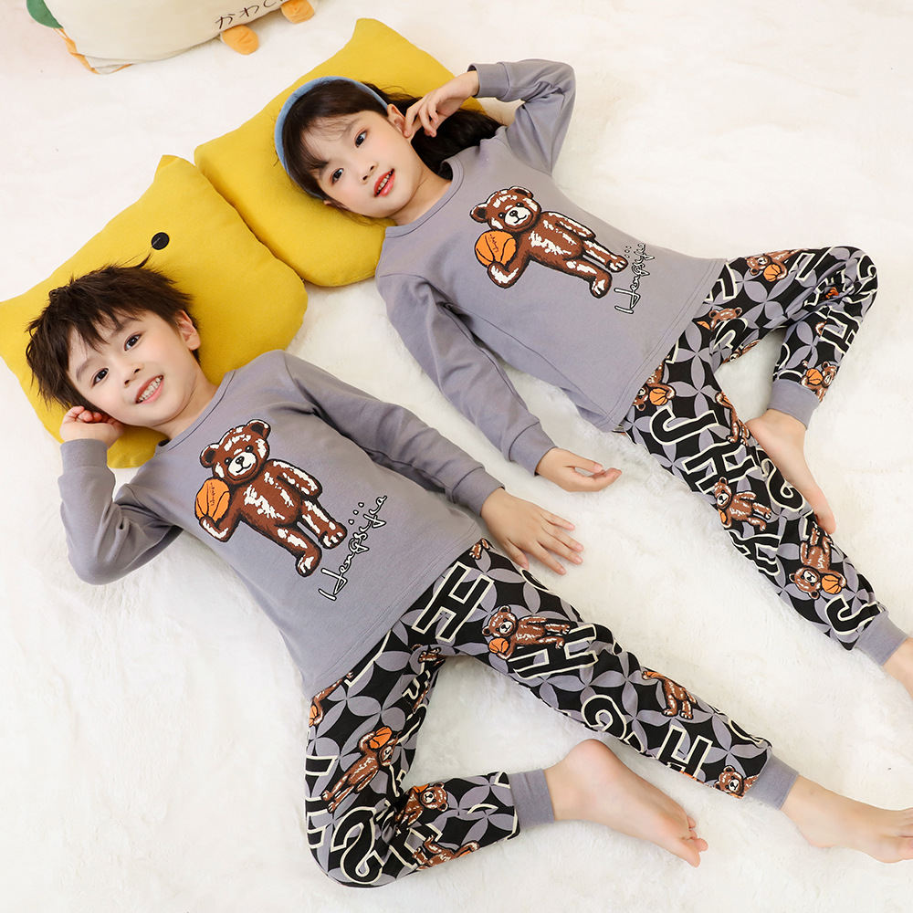 现货Pyjama棉料儿童家居套装秋冬新款多色印花女童保暖睡衣男童