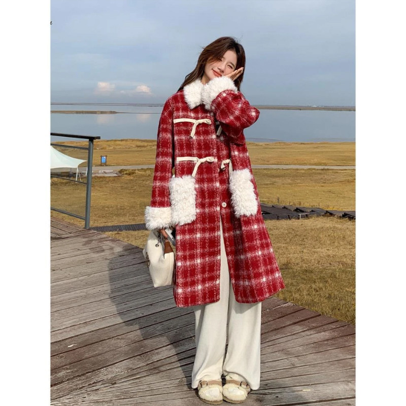 红色格纹毛呢加棉大衣女中长款羊羔毛拼接复古外套新年氛围感,女装/女士精品,毛呢外套,淘宝优惠券,粉丝福利购,淘宝优惠卷