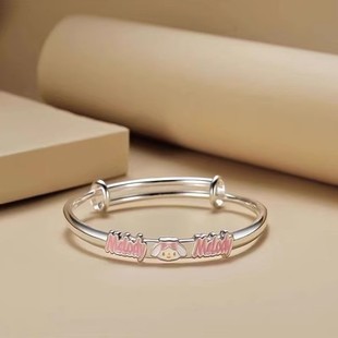 999纯银手镯女公主kitty美乐蒂儿童小孩宝宝实心推拉日韩版银镯子